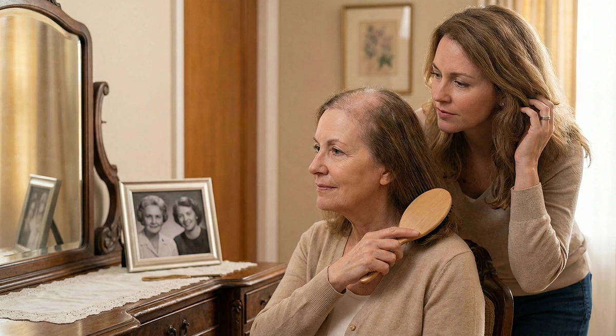 Hija peinando a su madre con adelgazamiento capilar, simbolizando la herencia genética de la alopecia femenina